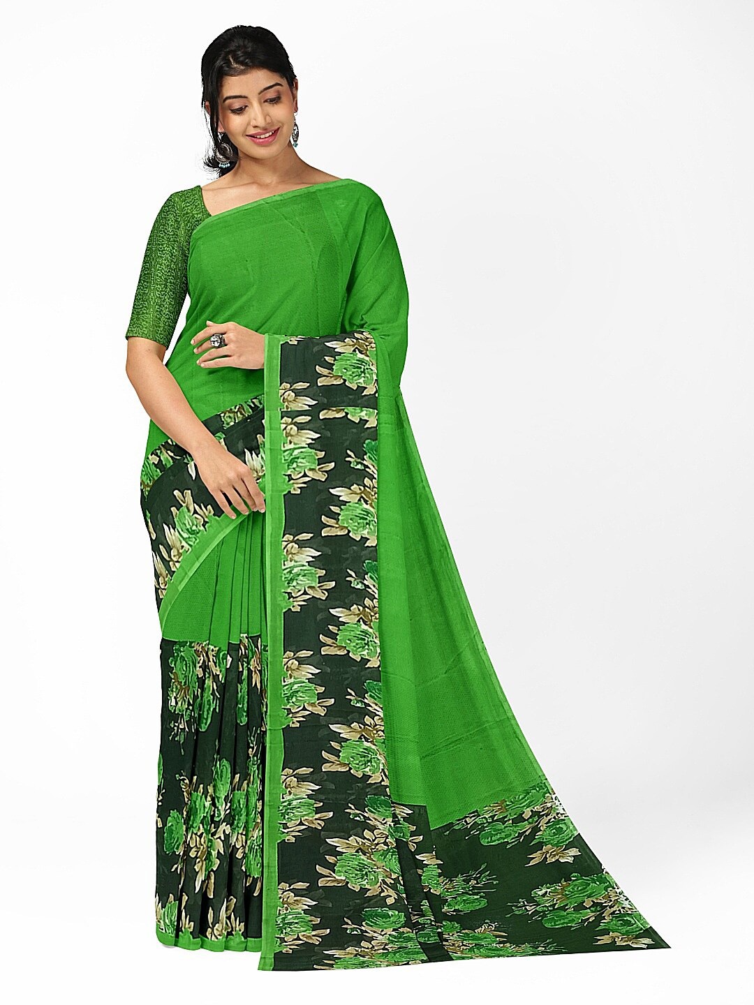 

Florence Green & Navy Blue Floral Pure Georgette Fusion Dharmavaram Saree
