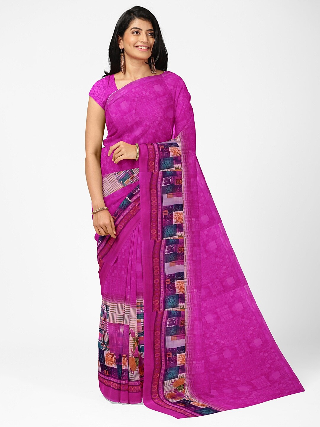

Florence Pink & Grey Pure Georgette Fusion Dharmavaram Printed Saree