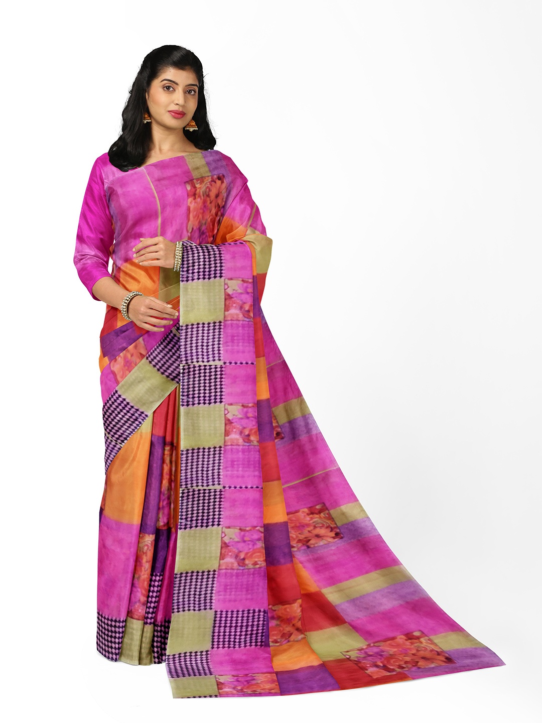 

Florence Pink Ethnic Motifs Pure Georgette Fusion Dharmavaram Saree