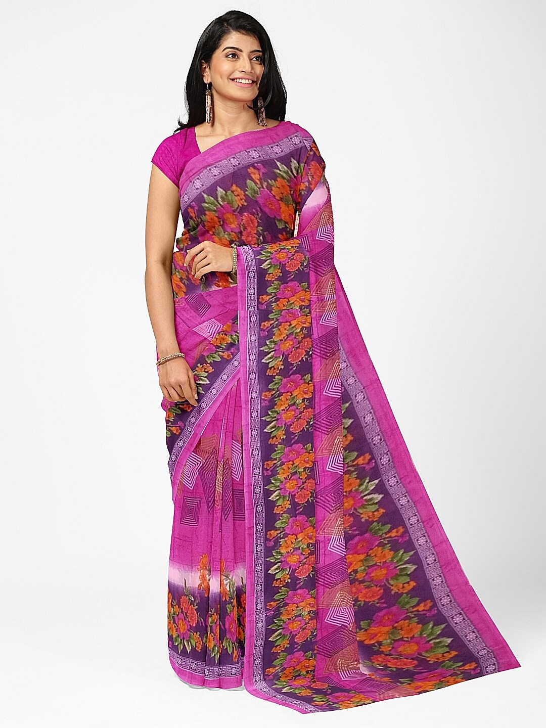 

Florence Pink & Orange Floral Pure Georgette Fusion Dharmavaram Printed Saree