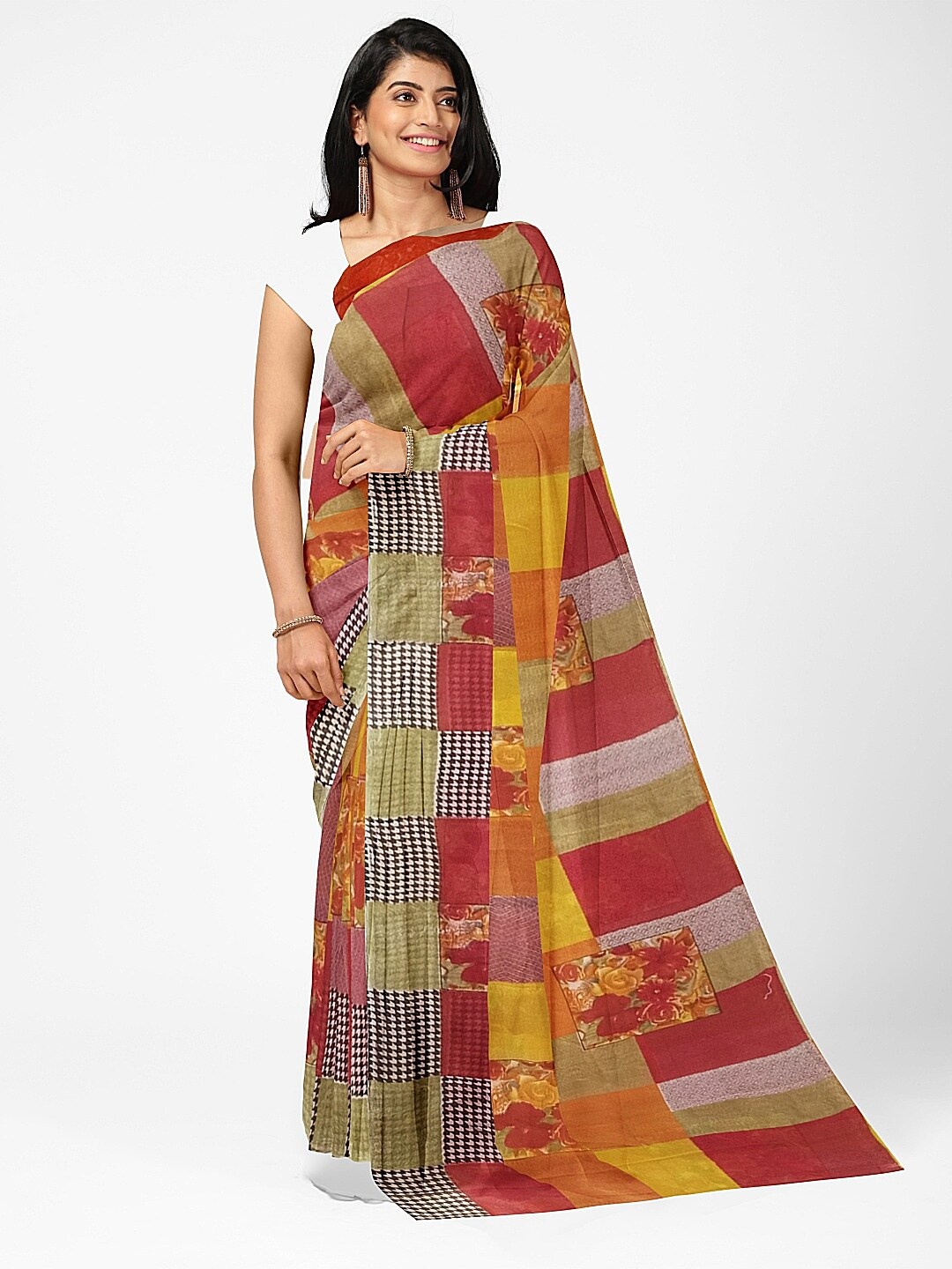 

Florence Red & Yellow Block Printed Pure Georgette Fusion Dharmavaram Saree