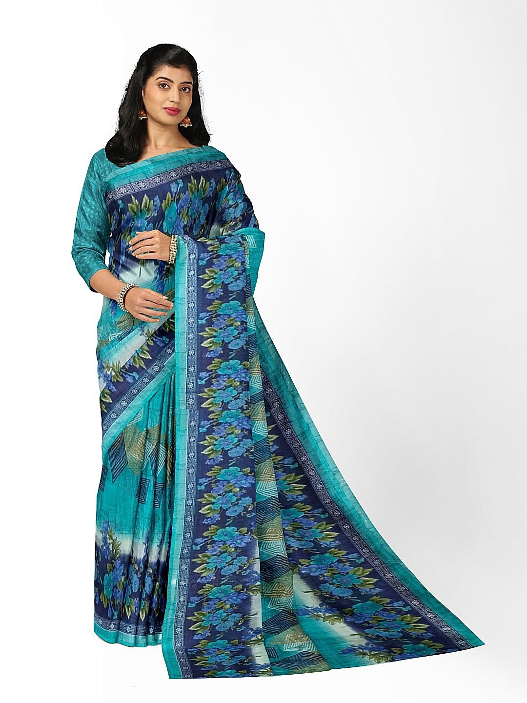 

Florence Green & Grey Floral Pure Georgette Fusion Dharmavaram Saree