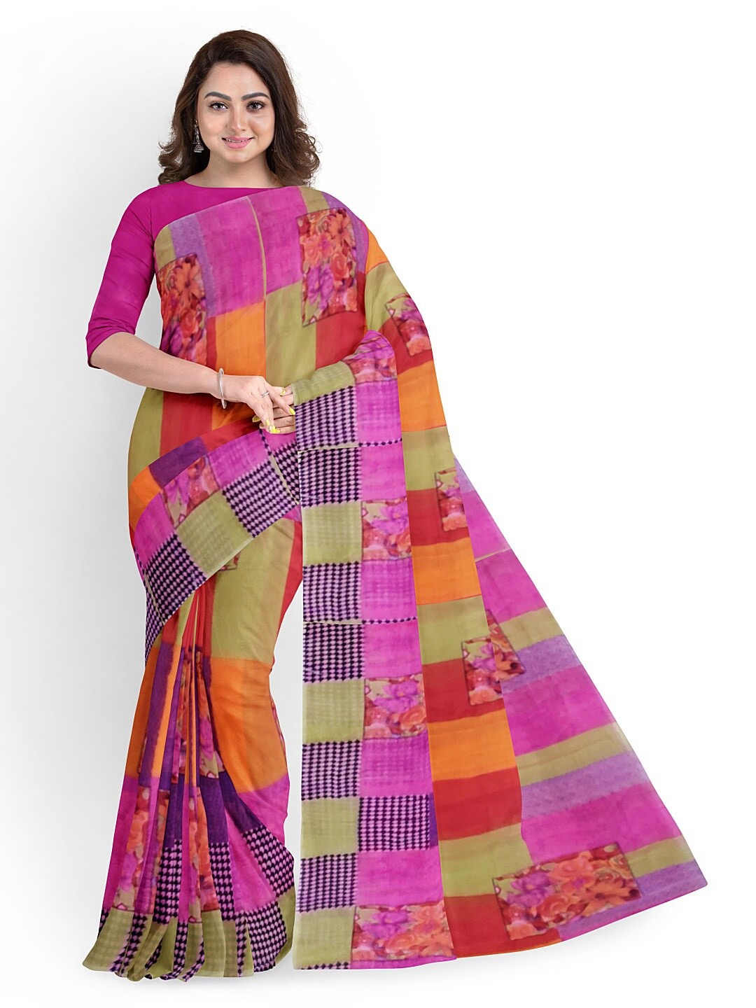 

Florence Pink & Green Ethnic Motifs Pure Georgette Fusion Dharmavaram Saree