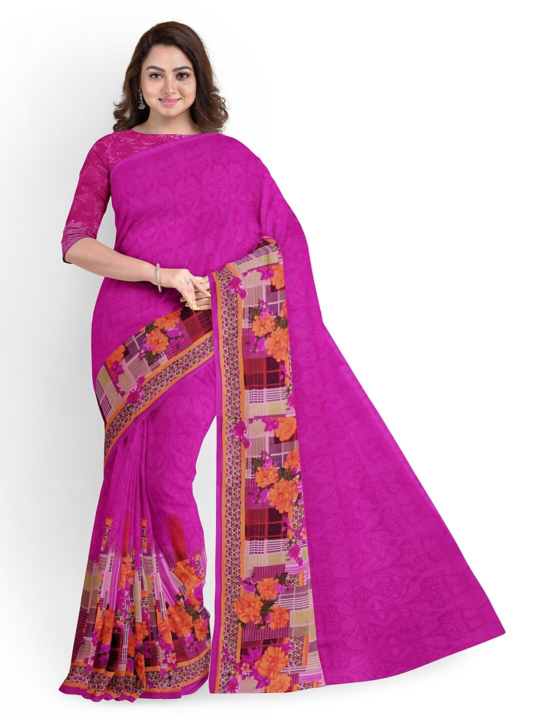 Florence Pink & Yellow Floral Pure Georgette Fusion Dharmavaram Saree