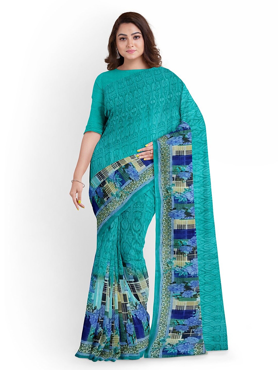 

Florence Teal Floral Pure Georgette Fusion Dharmavaram Saree
