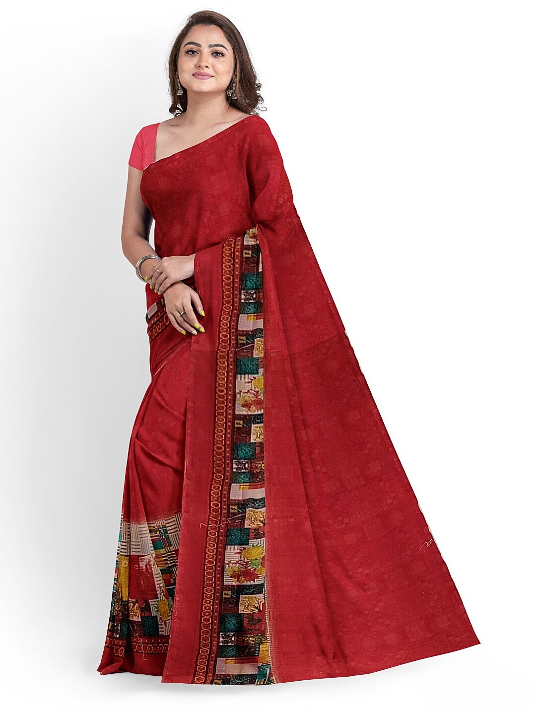 

Florence Peach-Coloured & Blue Floral Pure Georgette Fusion Dharmavaram Saree
