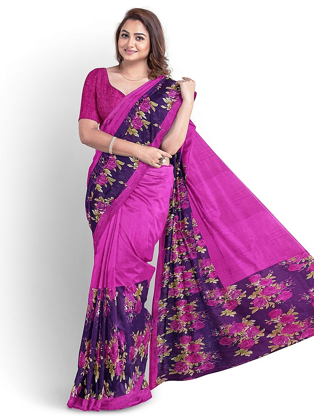 

Florence Pink & Blue Floral Pure Georgette Fusion Dharmavaram Saree