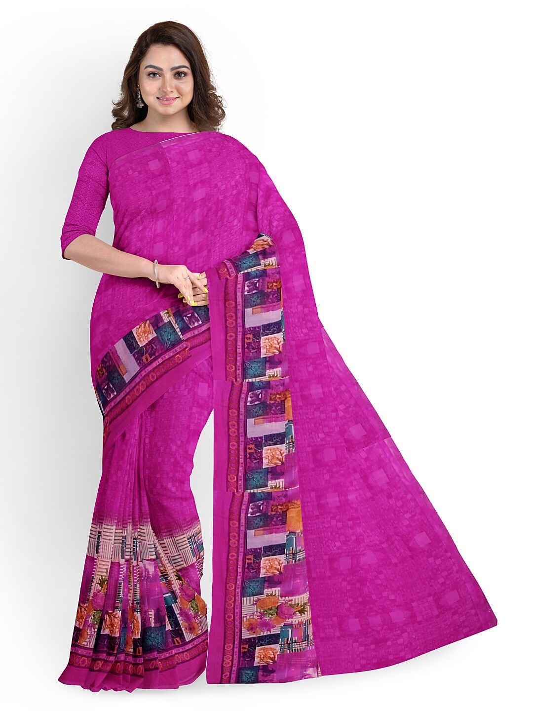 

Florence Pink & Blue Floral Pure Georgette Fusion Dharmavaram Saree With Unstithed Blouse