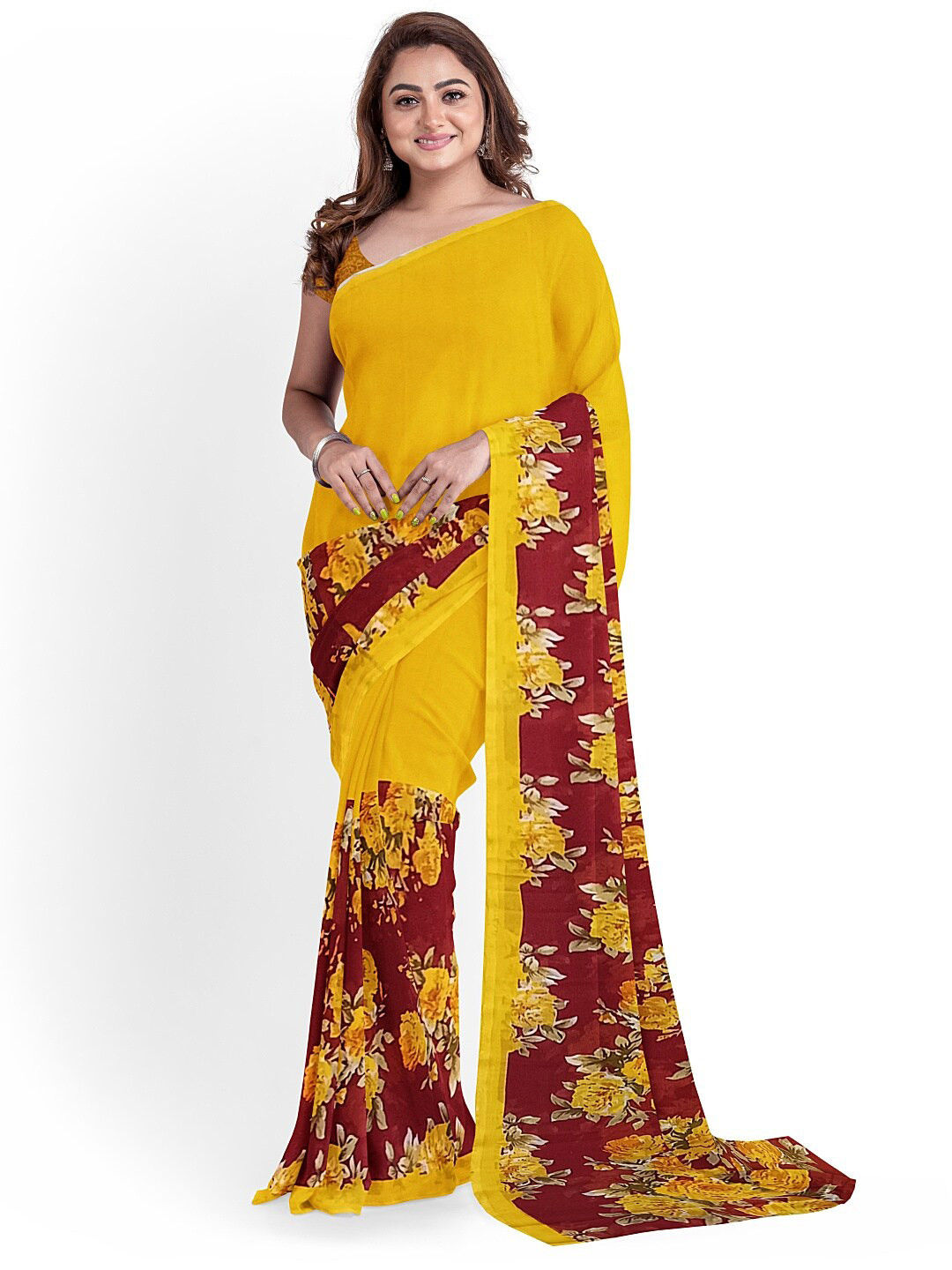 

Florence Yellow & Red Floral Printed Pure Georgette Dharmavaram Saree