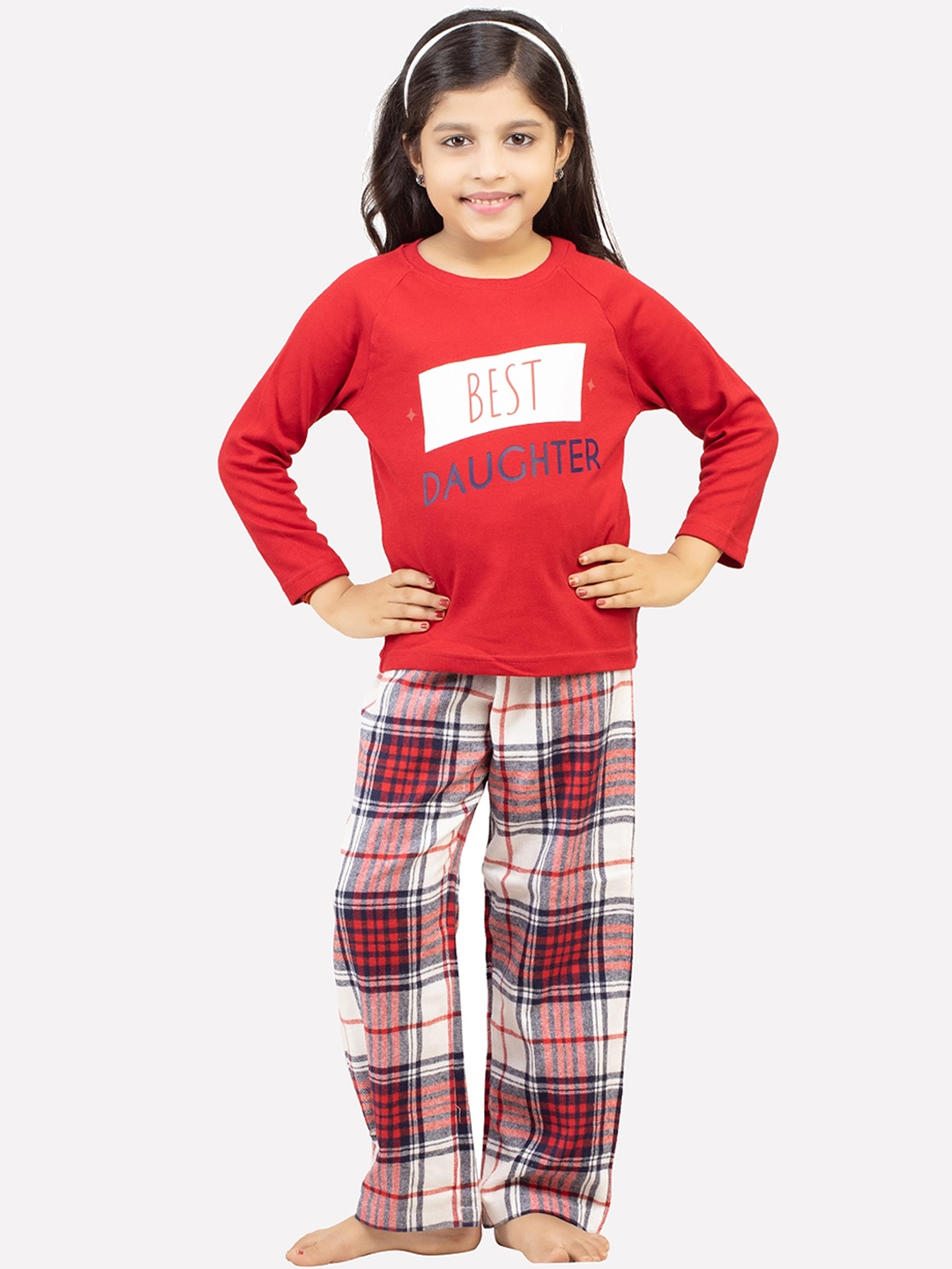 

BStories Girls Red & White Pure Cotton Printed Night suit