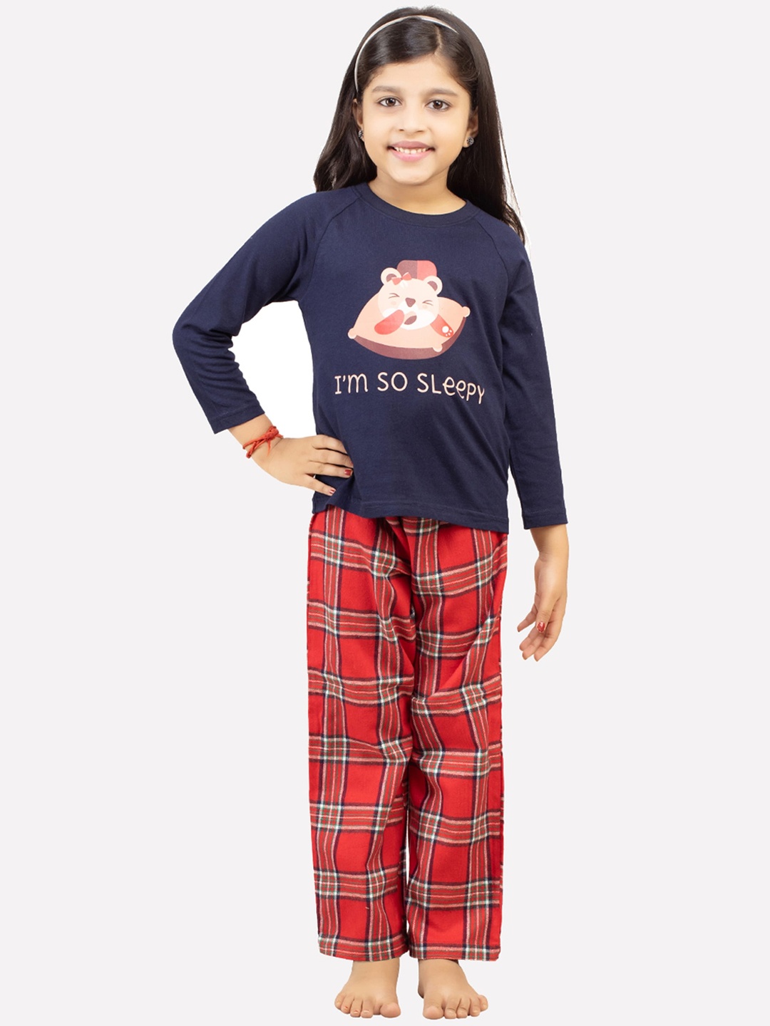 

BStories Girls Navy Blue & Red Printed Night suit