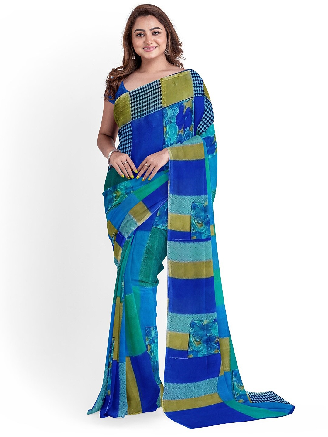 

SAADHVI Blue & Green Checked Pure Georgette Fusion Dharmavaram Saree