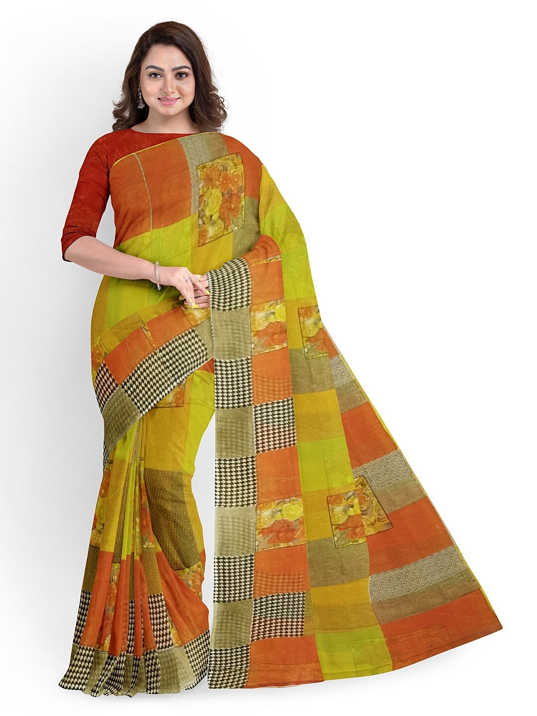 

SAADHVI Yellow & Red Checked Pure Georgette Fusion Dharmavaram Saree