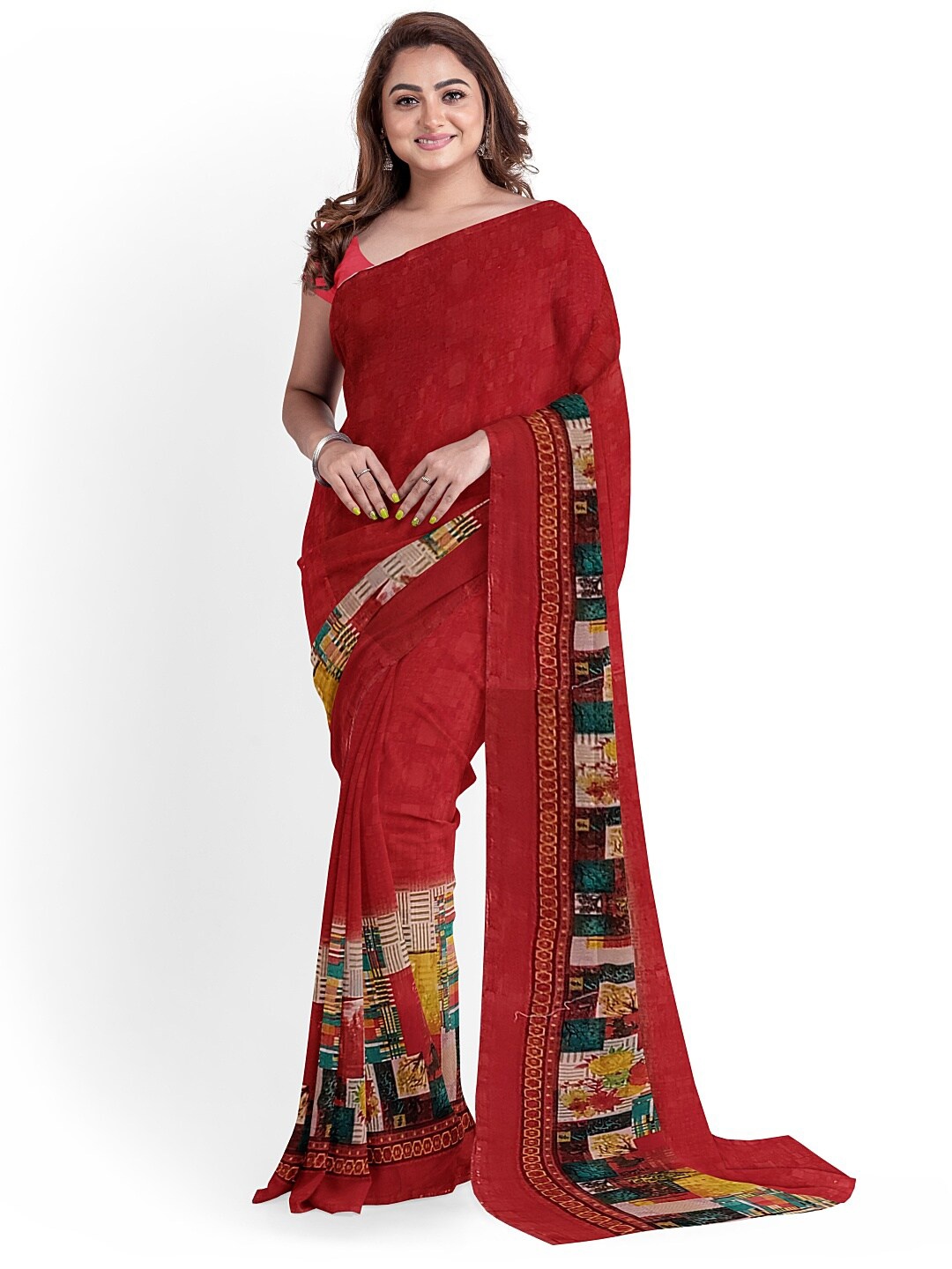 

SAADHVI Peach-Coloured & Blue Floral Pure Georgette Dharmavaram Saree