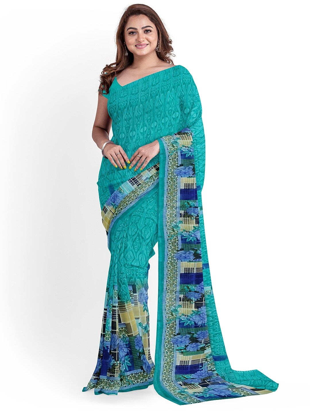 SAADHVI Teal & Blue Floral Pure Georgette Fusion Dharmavaram Saree