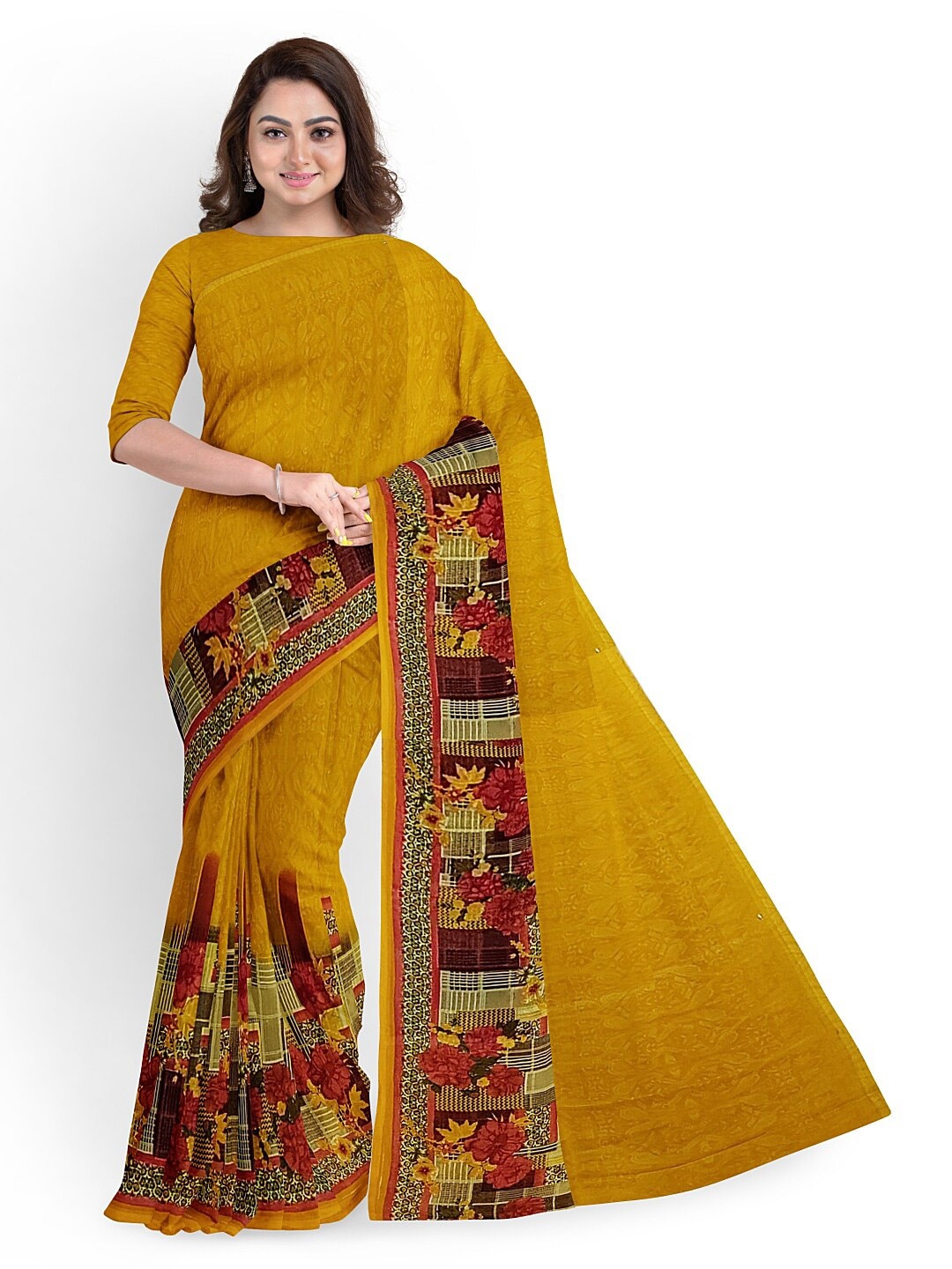 

SAADHVI Yellow & Red Floral Printed Pure Georgette Dharmavaram Saree