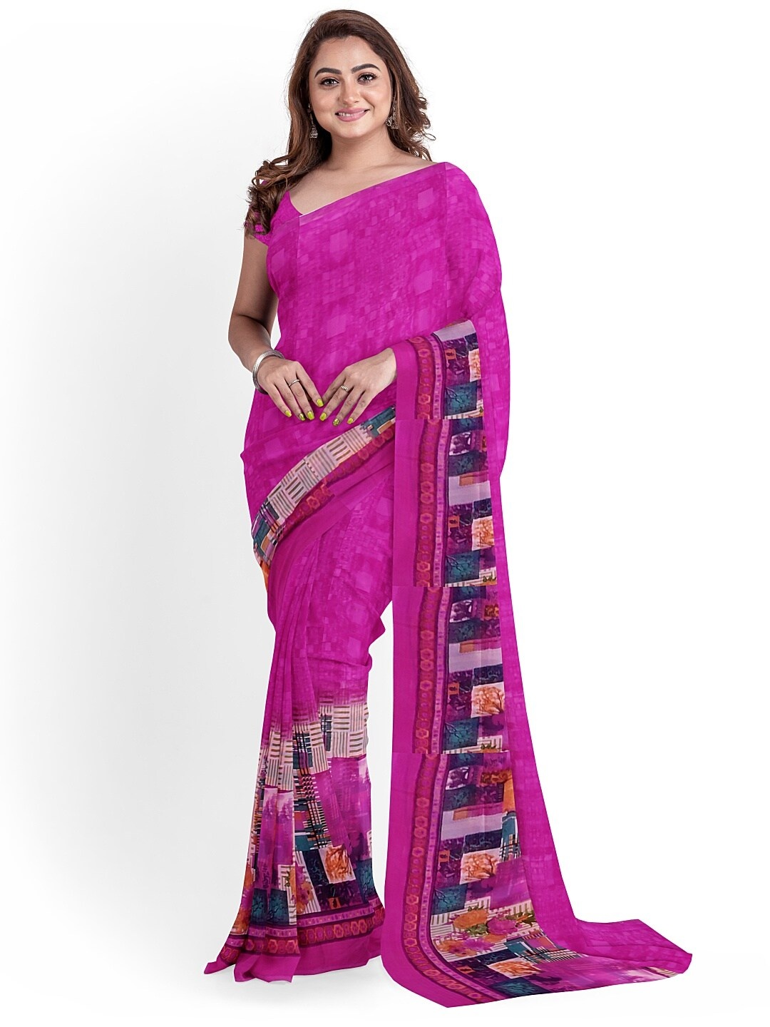 

SAADHVI Pink & Blue Pure Georgette Fusion Dharmavaram Saree