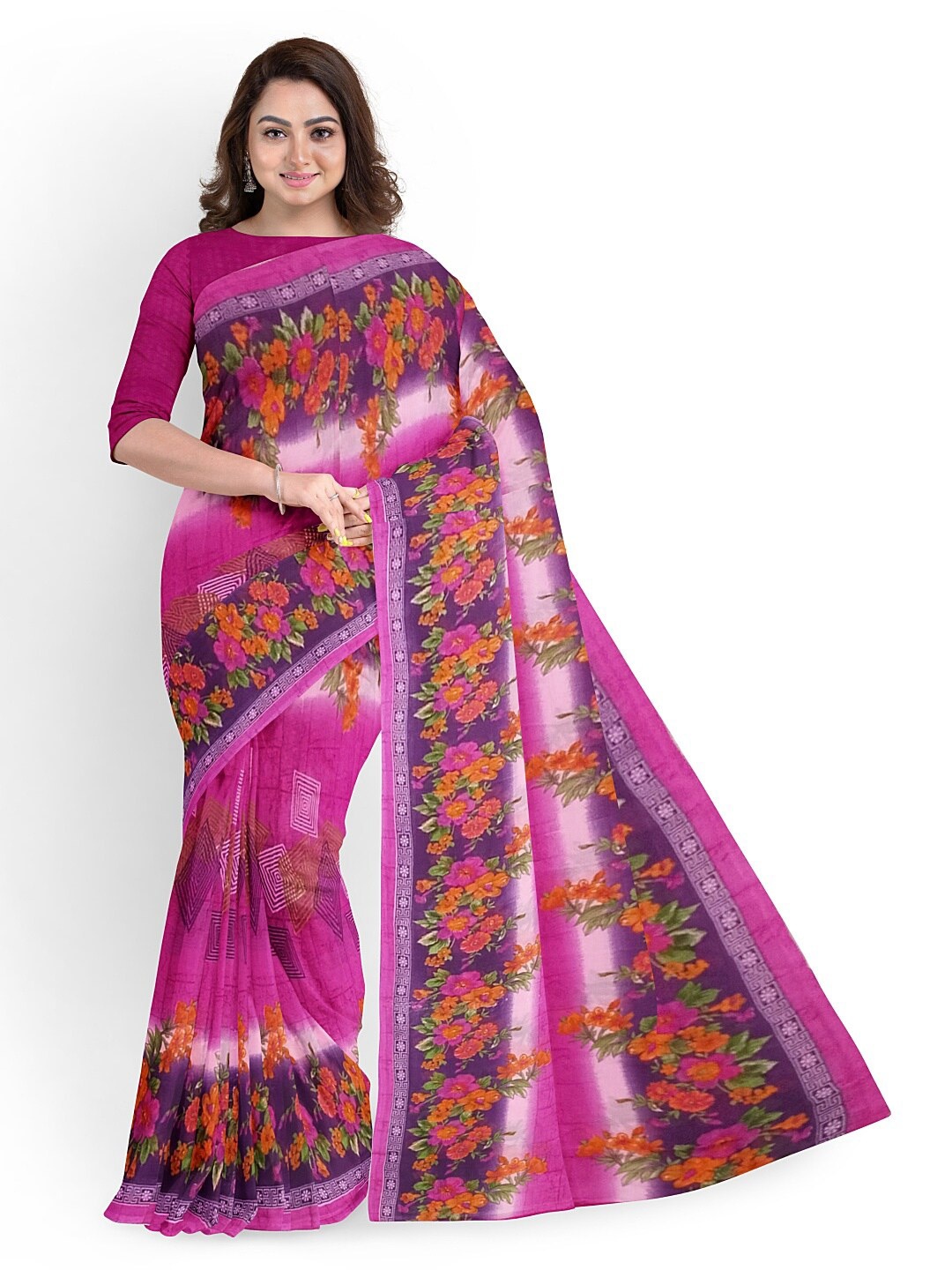 

SAADHVI Pink & Orange Floral Pure Georgette Fusion Dharmavaram Saree
