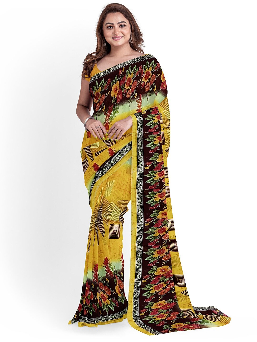 

SAADHVI Yellow & Red Floral Pure Georgette Fusion Dharmavaram Saree