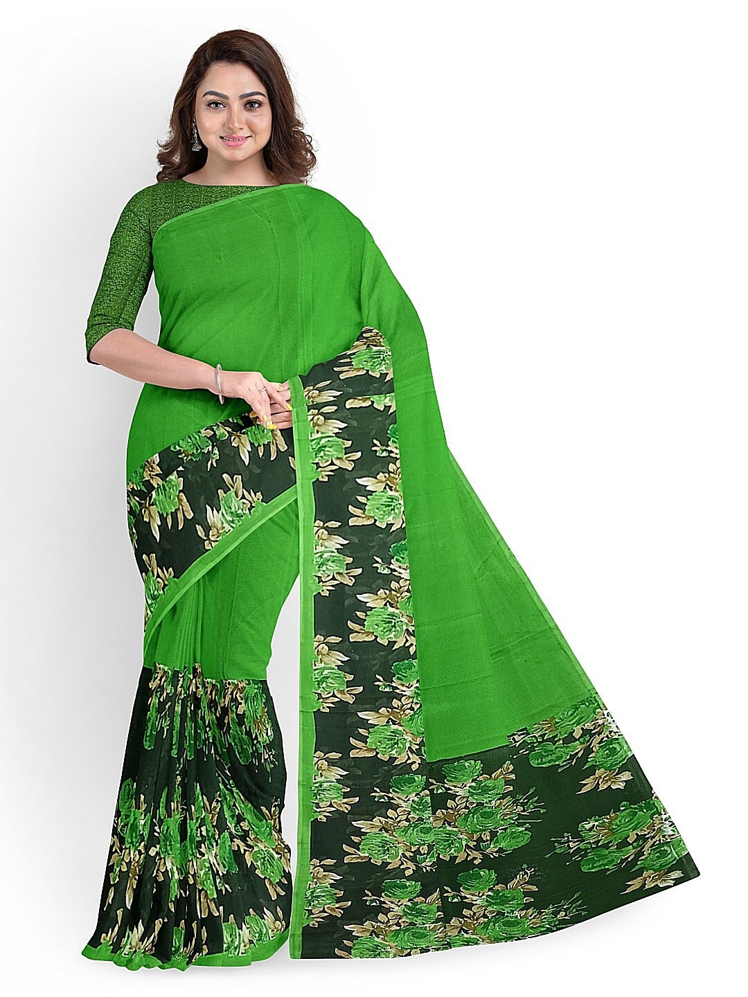 SAADHVI Green & Navy Blue Floral Pure Georgette Fusion Dharmavaram Saree