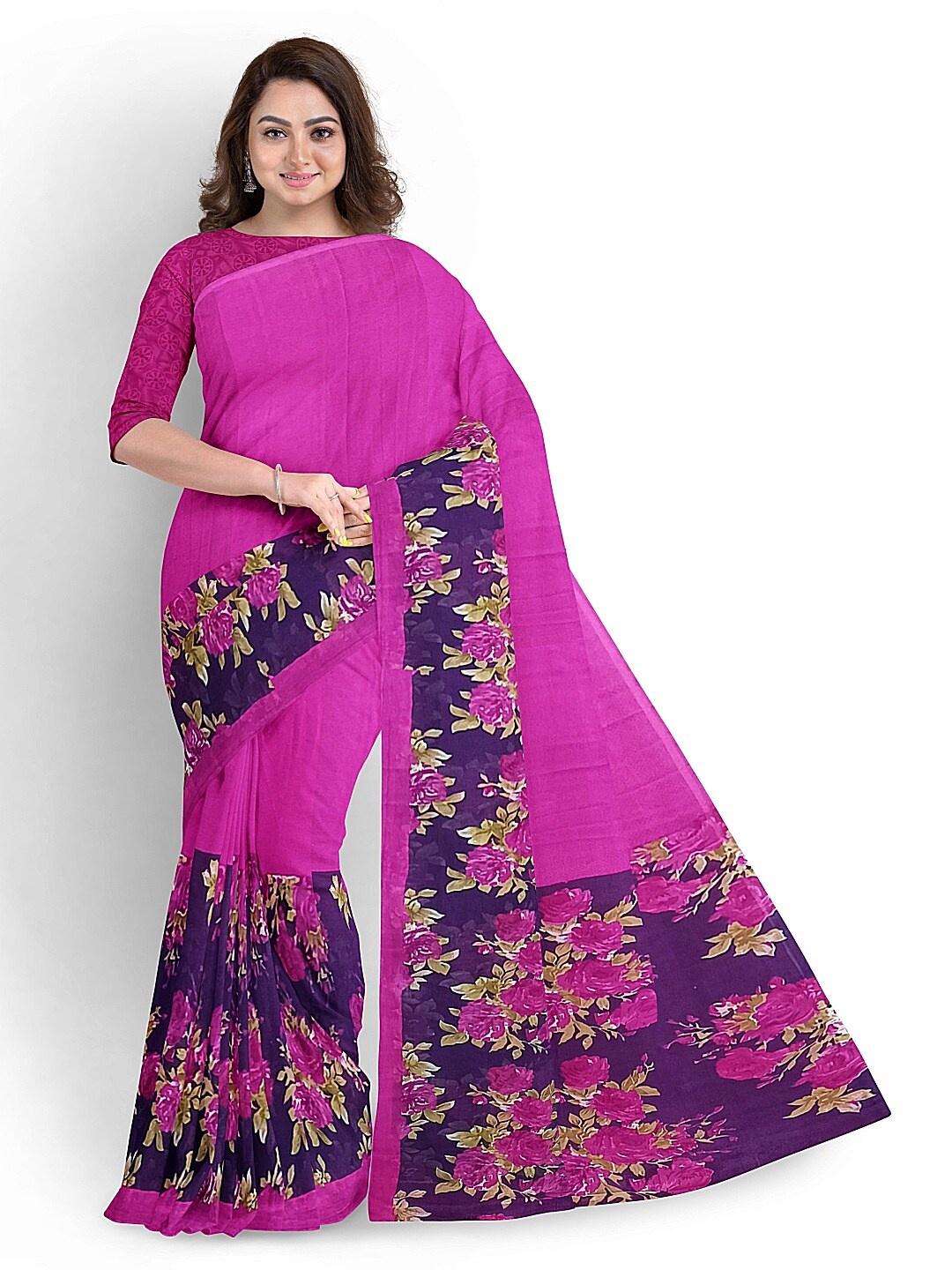 

SAADHVI Pink & Blue Floral Pure Georgette Fusion Dharmavaram Saree