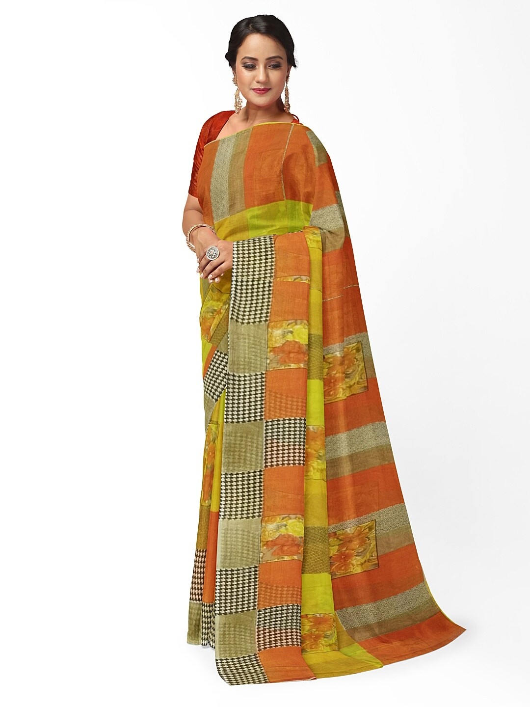 

SAADHVI Yellow ,Orange & Green Ethnic Motifs Pure Georgette Fusion Dharmavaram Saree