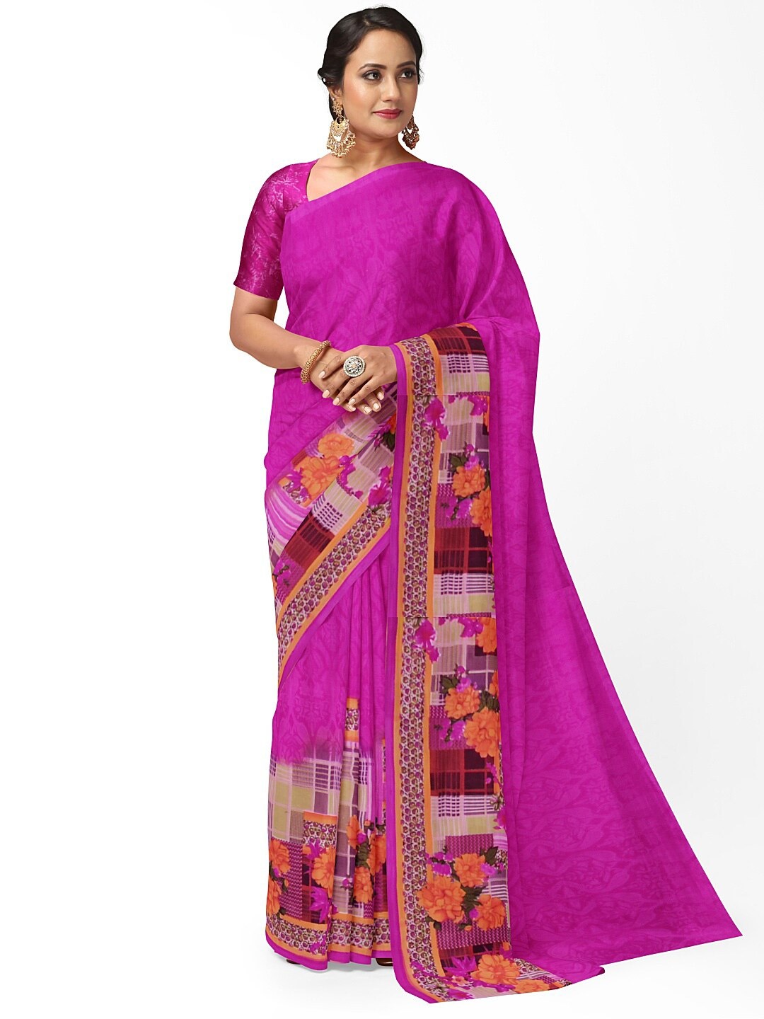 

SAADHVI Pink & Yellow Floral Pure Georgette Dharmavaram Saree