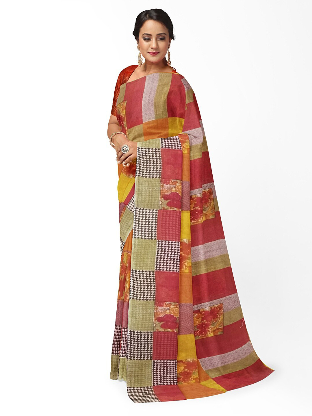 

SAADHVI Women Multicolored Floral Printed Pure Georgette Fusion Saree, Multi