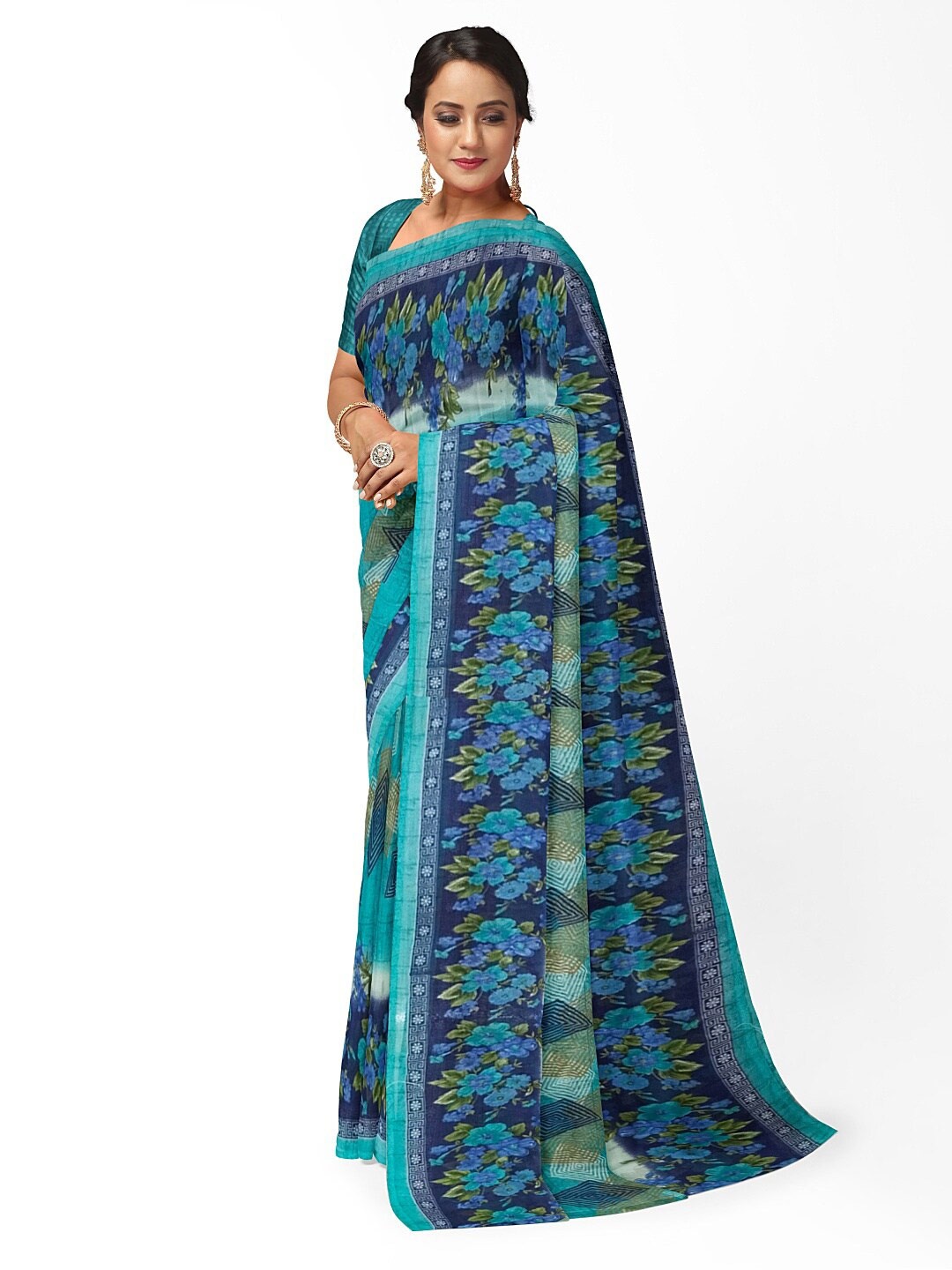 

SAADHVI Teal Green & Blue Floral Printed Pure Georgette Dharmavaram Saree