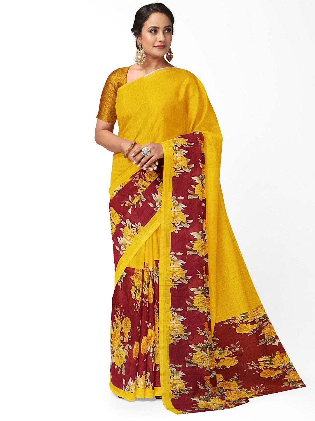 SAADHVI Yellow & Maroon Floral Pure Georgette Fusion Dharmavaram Saree