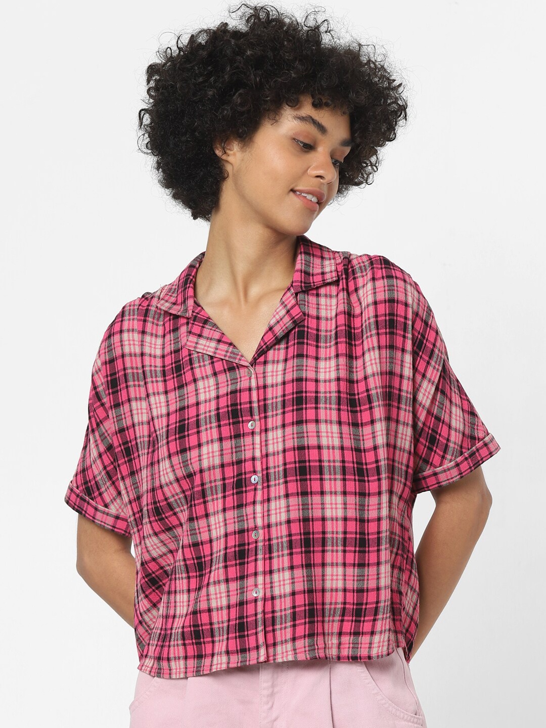 

ONLY Women Pink Tartan Checks Checked Casual Shirt