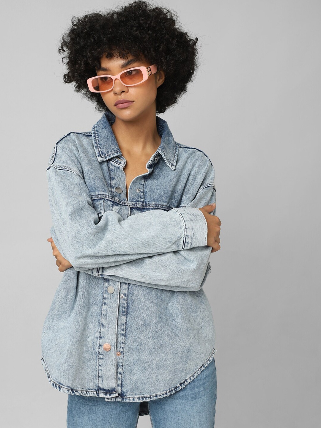 

ONLY Women Light Blue Faded Denim Casual Shirt