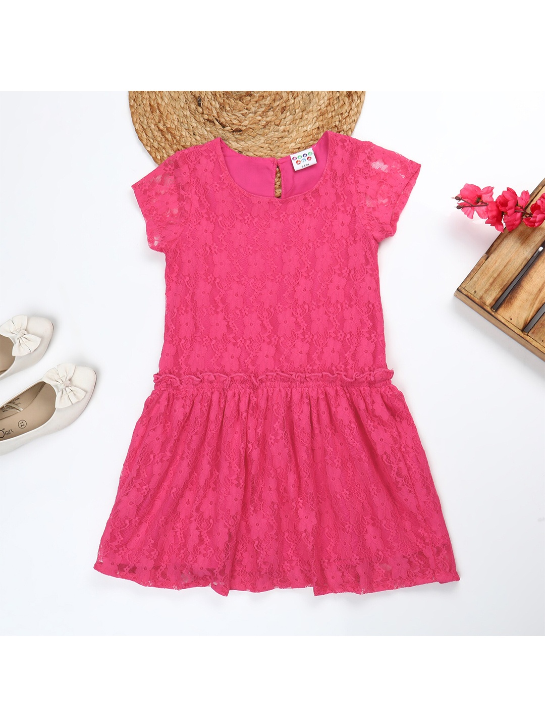 

ZION Girls Pink Lace Ruffle Highlights Drop-Waist Dress