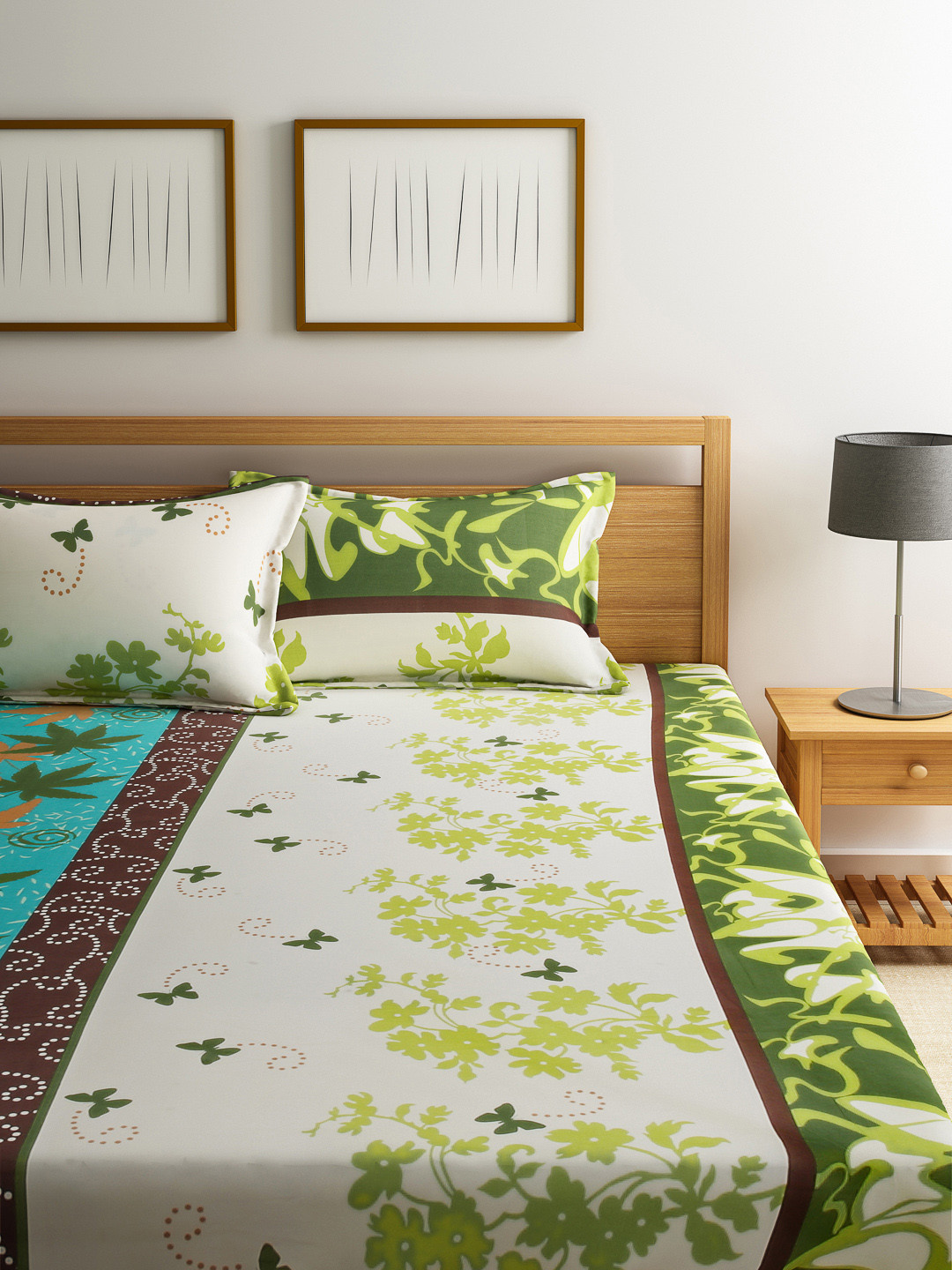 

Dreamscape Off-White Green Cotton 144 TC Double Bedsheet with 2 Pillow Covers