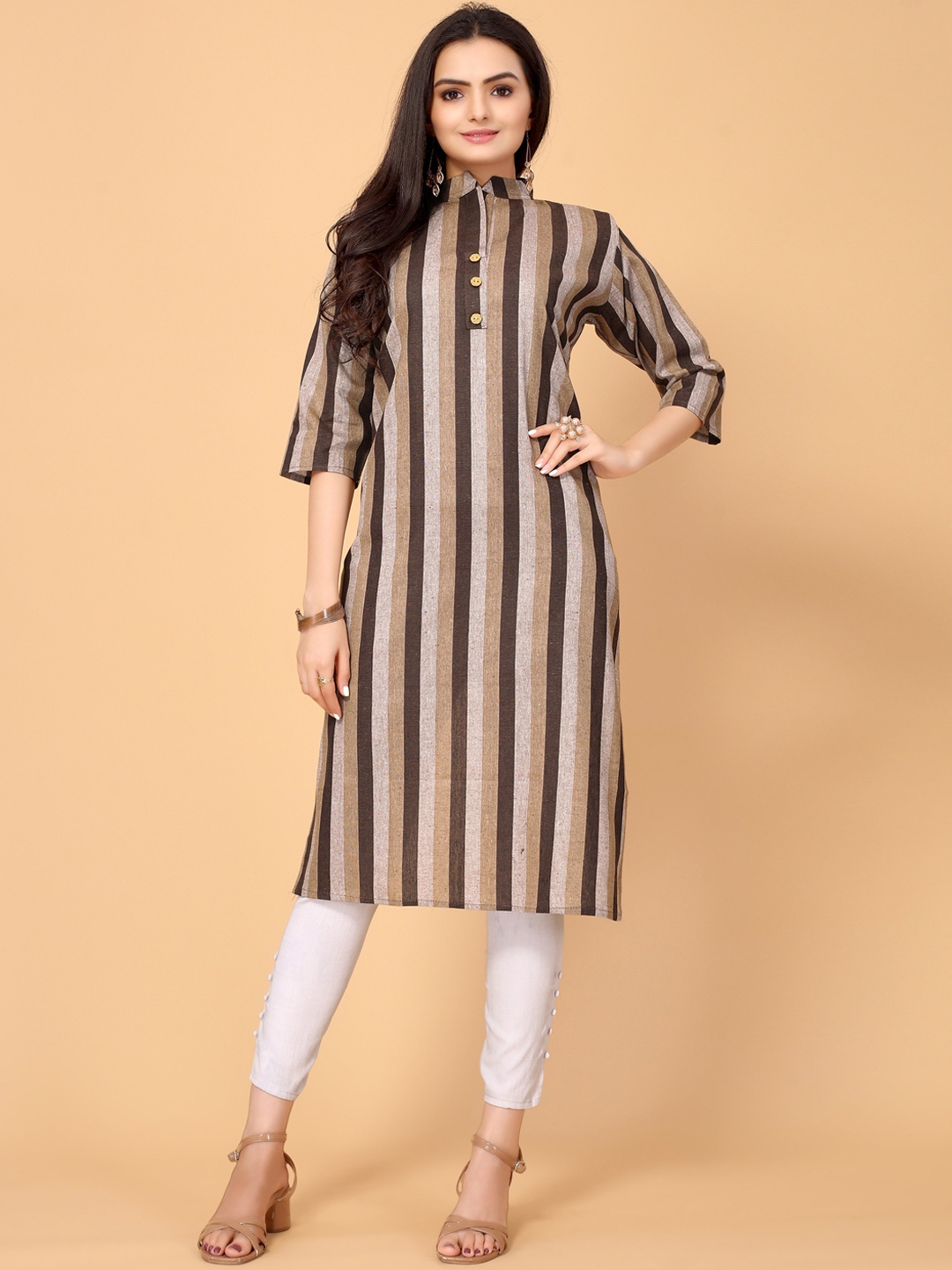 

Sangria Women Brown & Grey Striped Thread Work Khadi Pathani Kurta