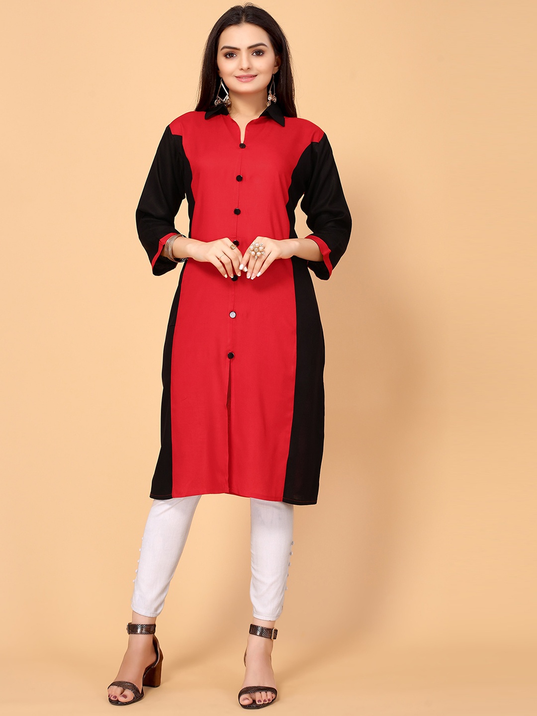 Sangria Women Red & Black Colorblocked Kurtas
