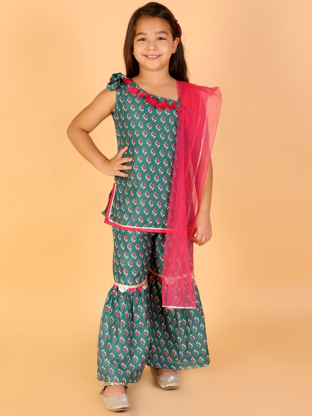 

LIL DRAMA Girls Green Ethnic Motifs Printed Kurti with Sharara & Dupatta
