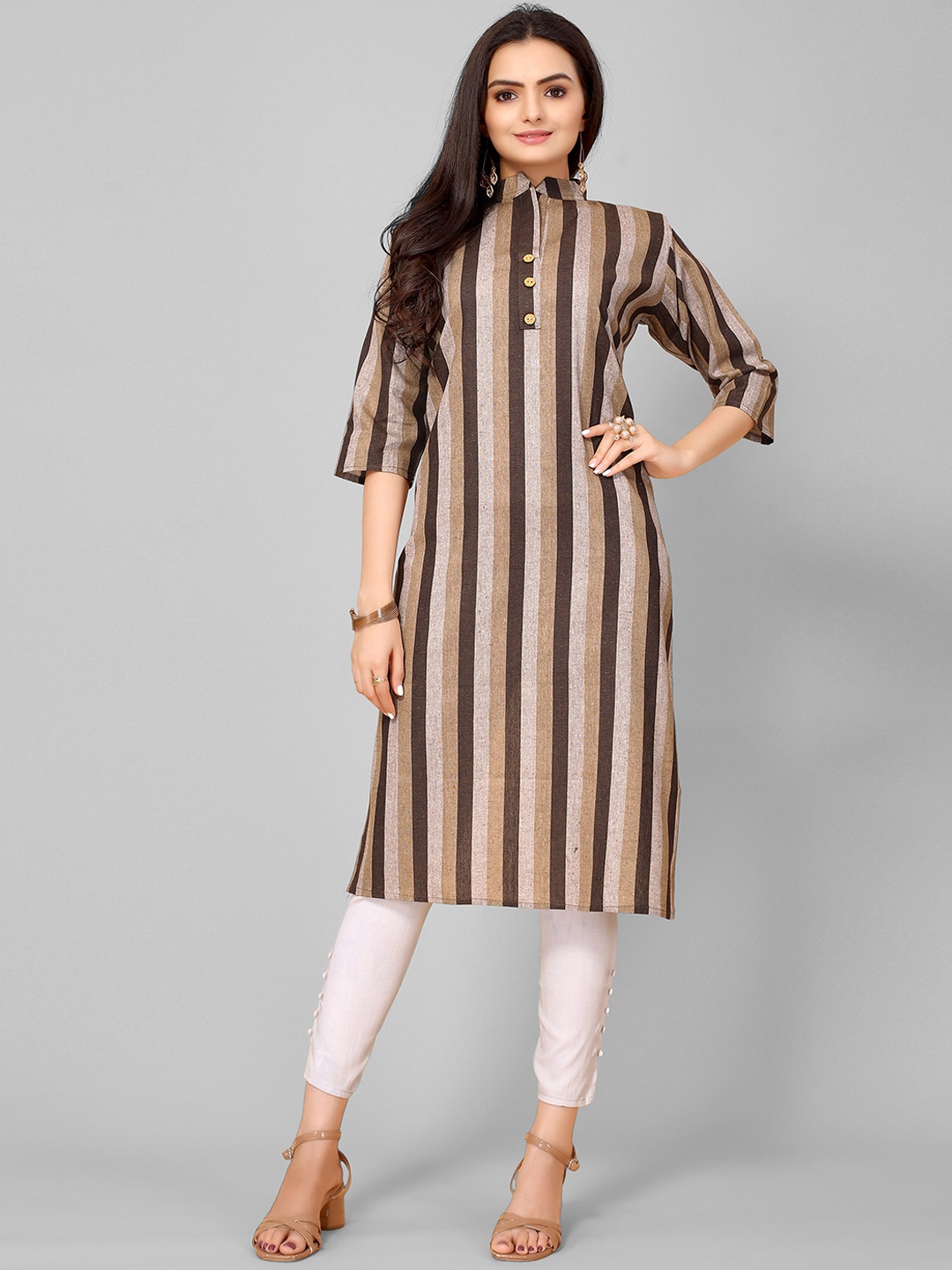 

KALINI Women Brown & Grey Striped Kurta