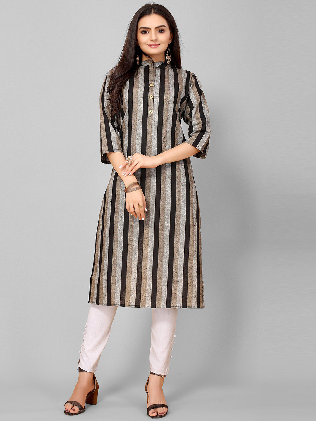

KALINI Women Black Striped Flared Sleeves Thread Work Khadi Kurta