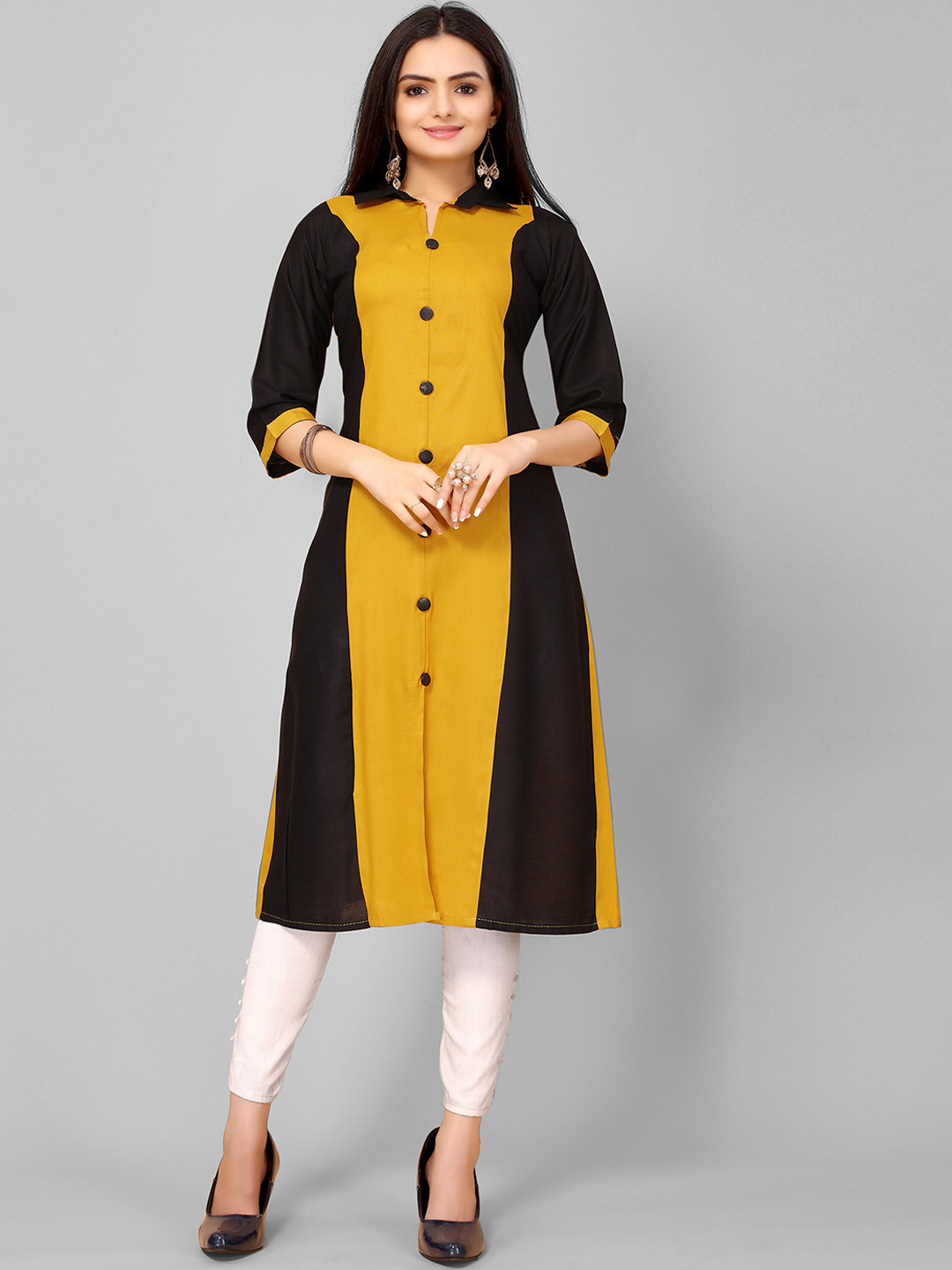 

KALINI Women Mustard Yellow & Black Colourblocked Kurta