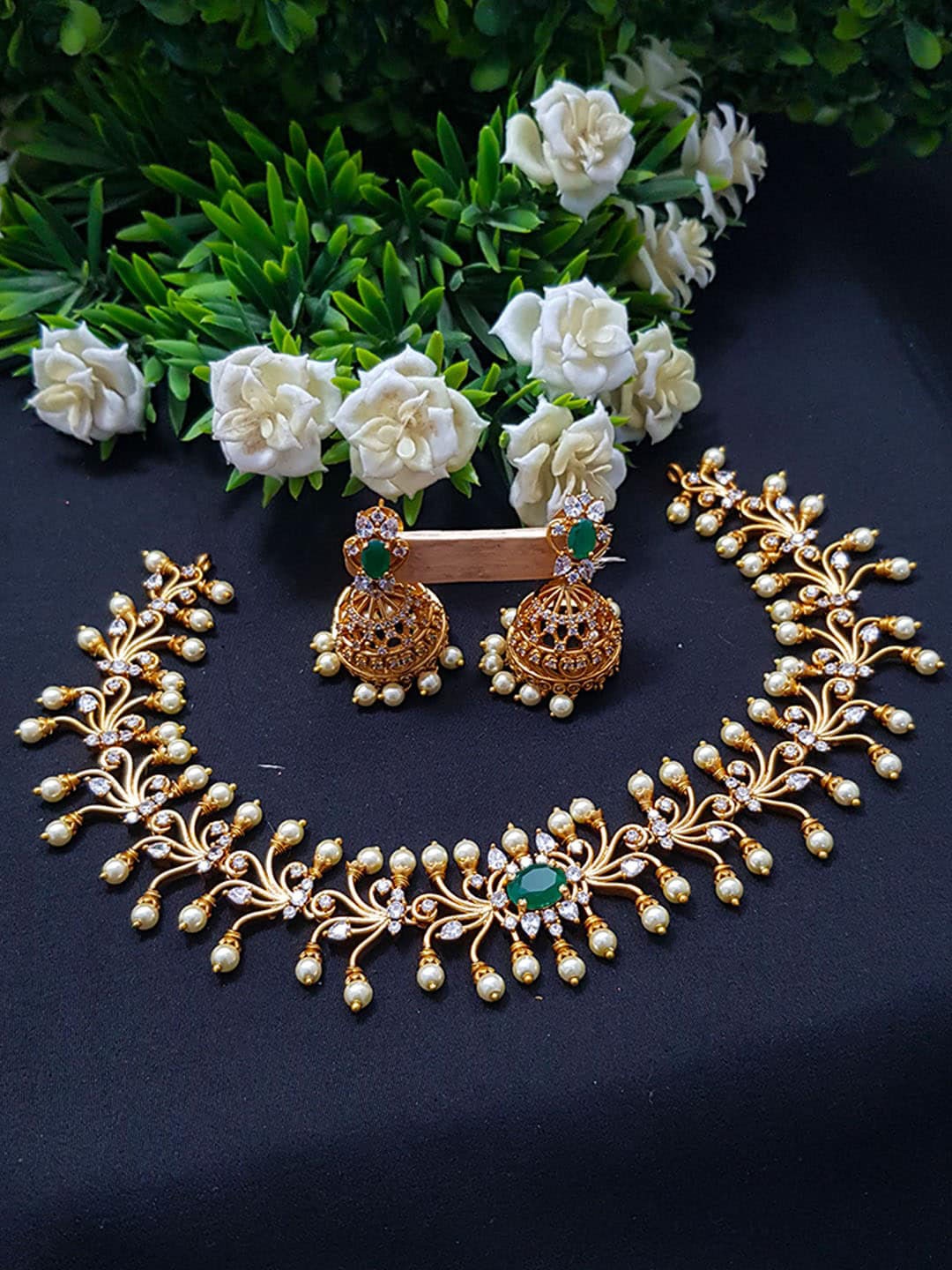 

GRIIHAM Gold-Plated White & Green Cz-Studded & Beaded Jewellery Set