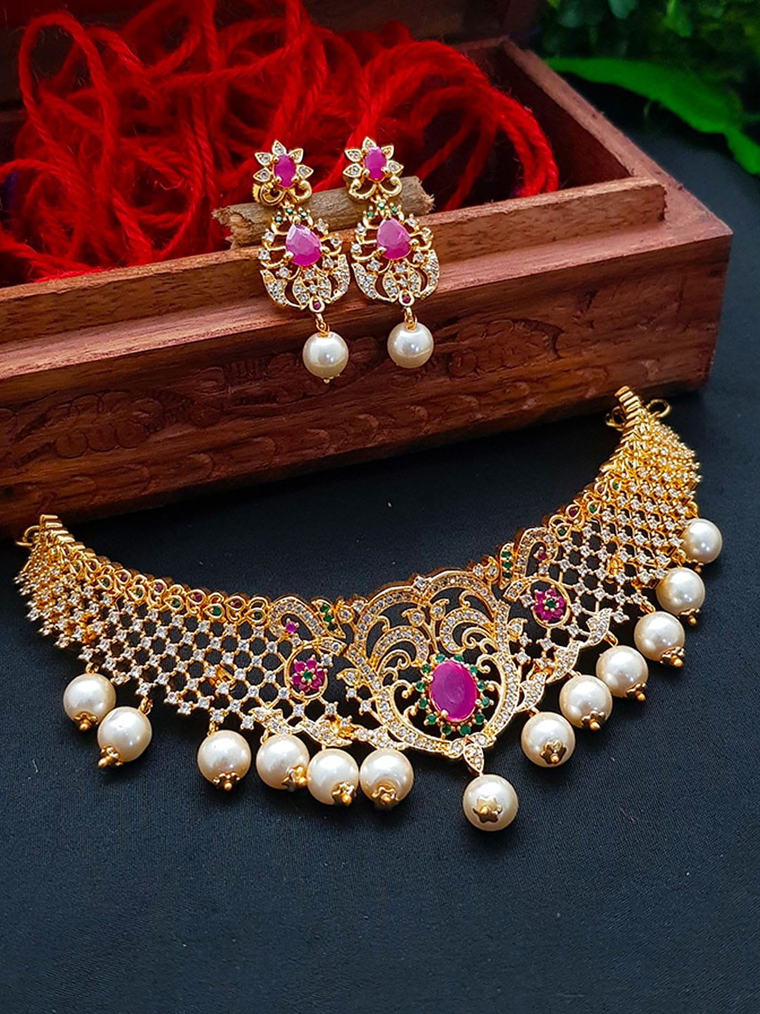 

GRIIHAM Gold-Plated & CZ Stone-Studded & Beaded Jewellery Set