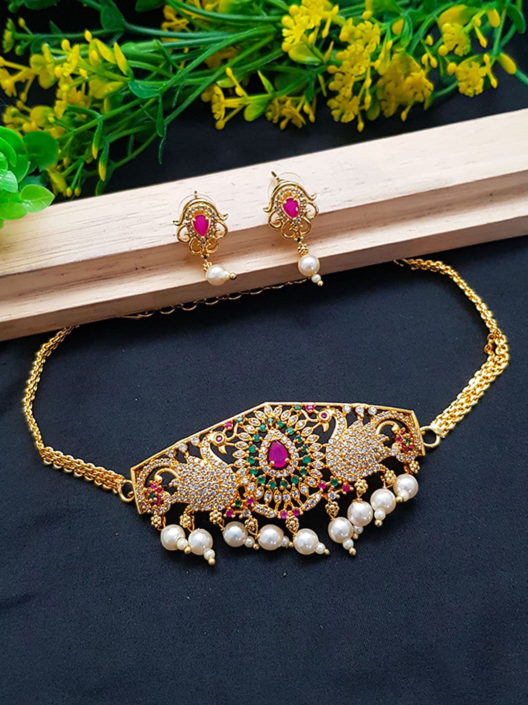

GRIIHAM Gold-Plated White & Green CZ-Studded & Pearl Beaded Jewellery Set