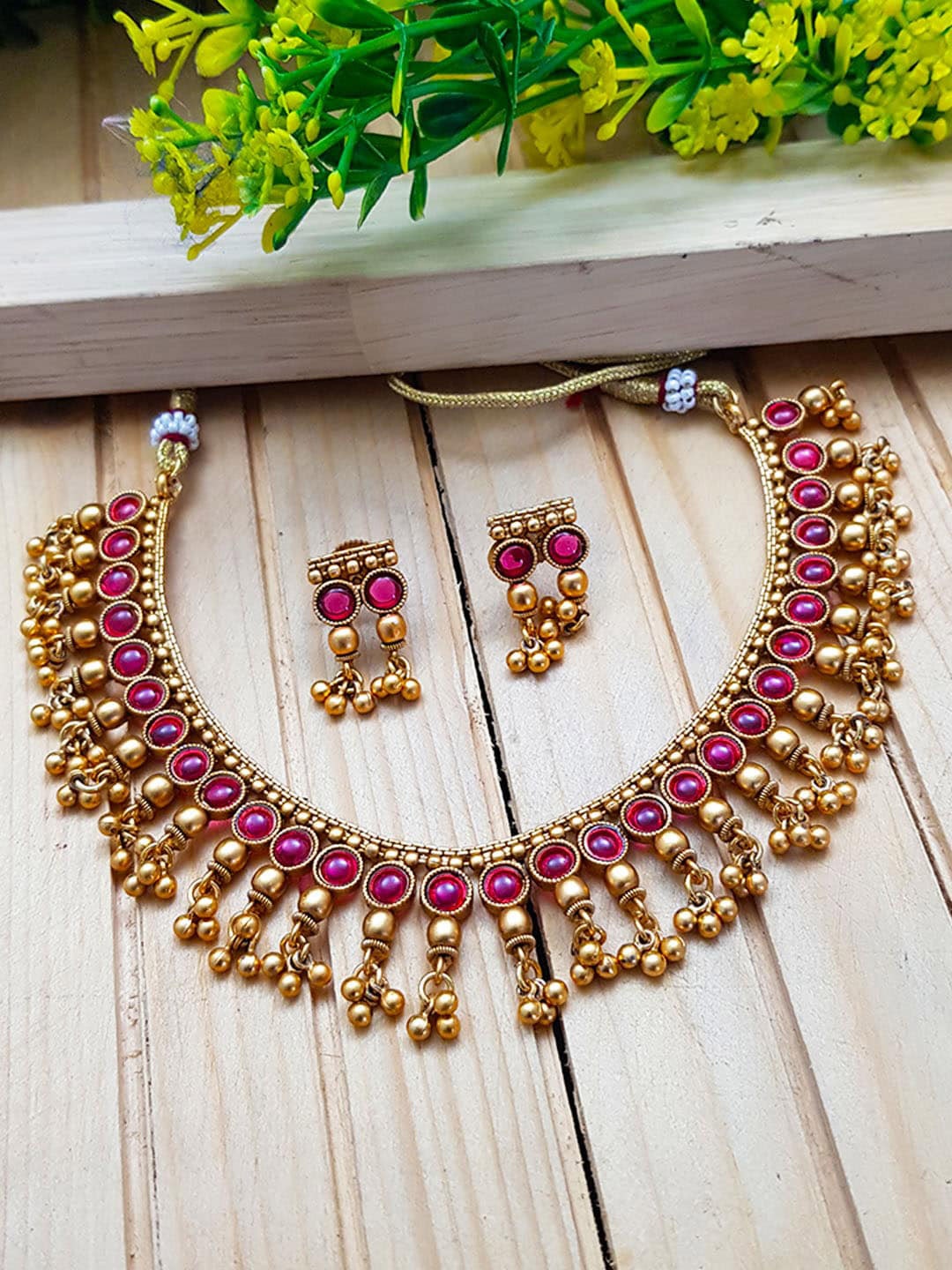 

GRIIHAM Women Gold-Plated Red AD-Studded Beaded Small Necklace Set