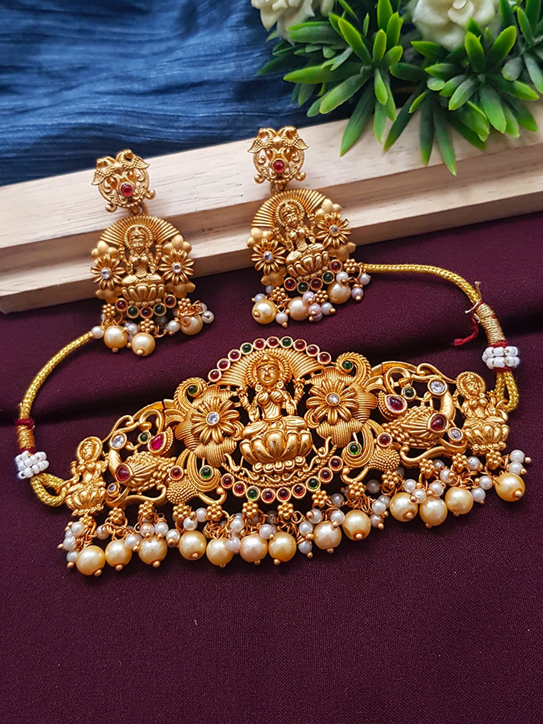 

GRIIHAM Gold-Plated Pink & Green AD-Studded & Beaded Jewellery Set