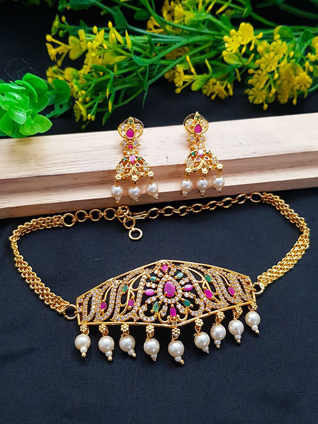 

GRIIHAM Gold-Plated White & Green CZ-Studded & Pearl Beaded Jewellery Set