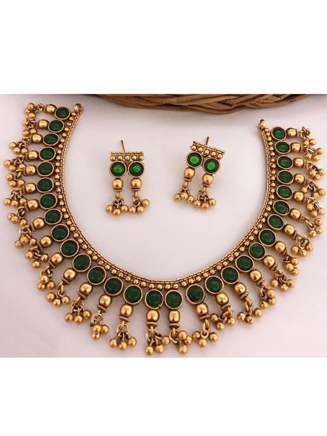 

GRIIHAM Gold-Plated Green AD-Studded Beaded Jewellery Set