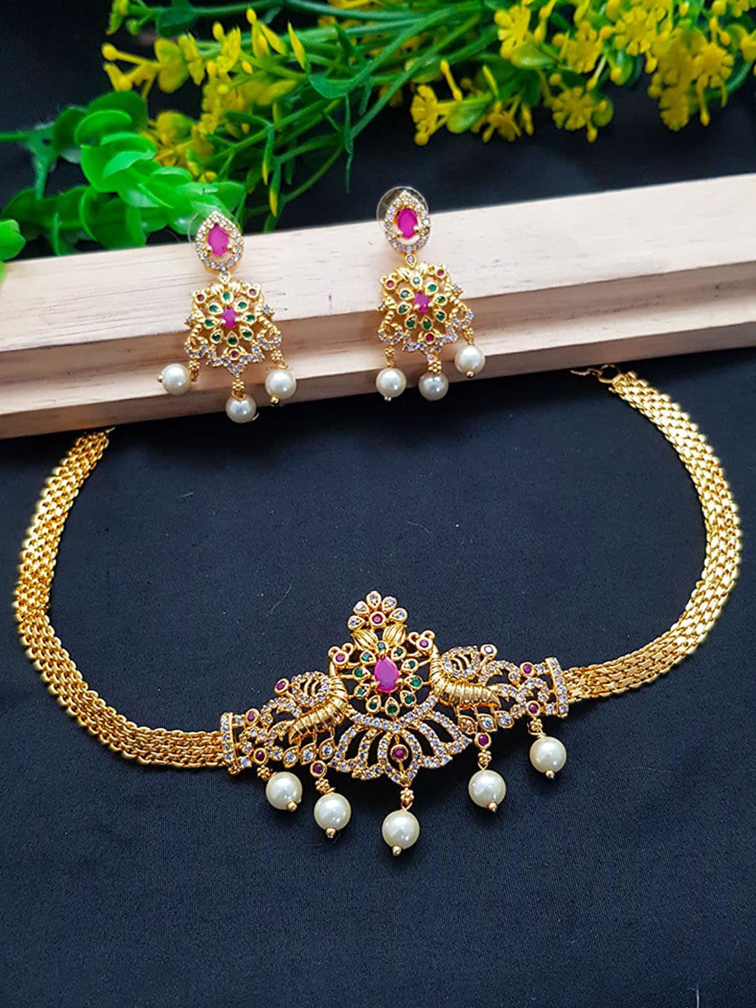 

GRIIHAM Gold-Plated White & Green CZ-Studded & Pearl Beaded Jewellery Set