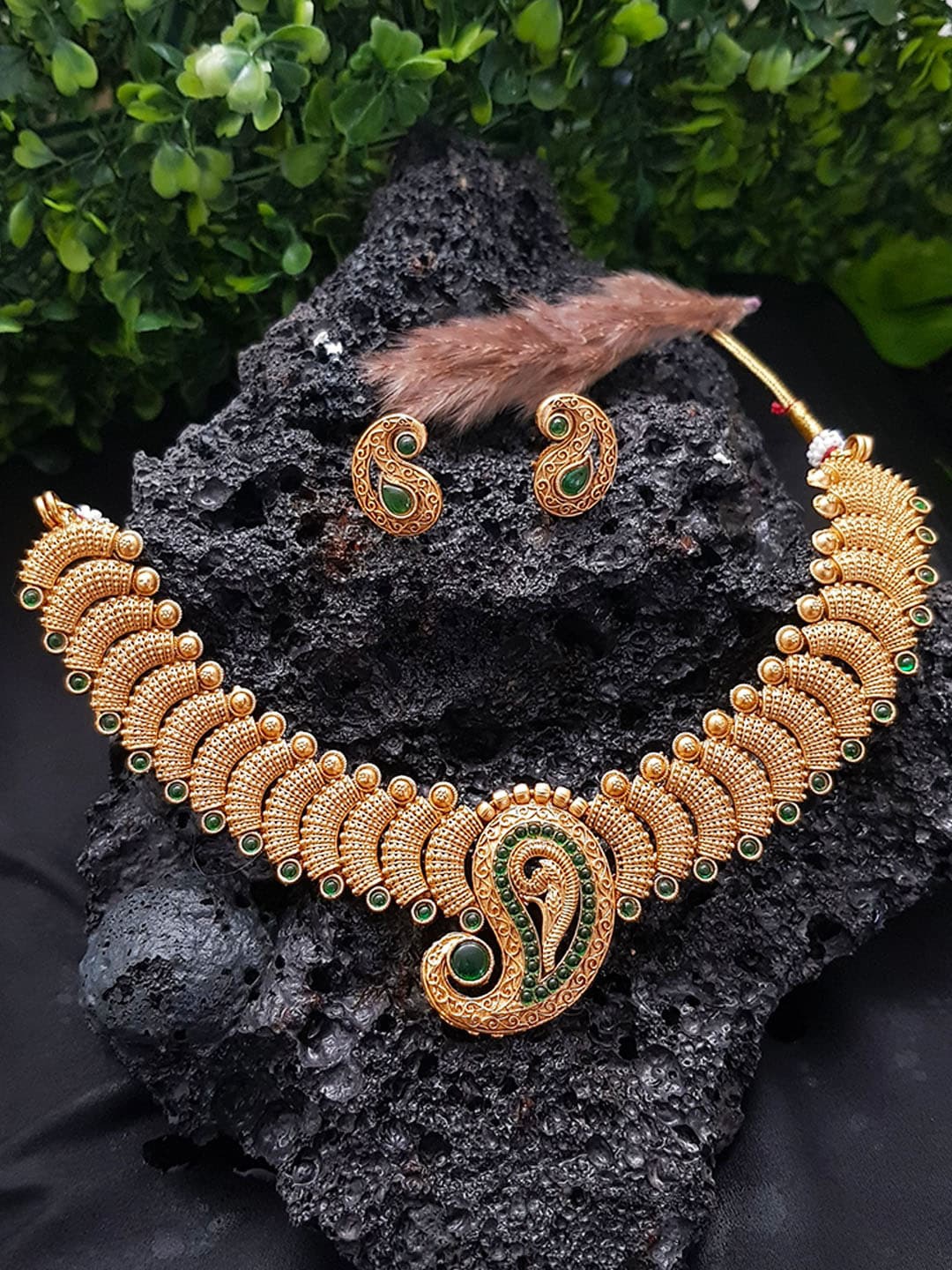 

GRIIHAM Gold-Plated Green American Diamond Studded Jewellery Set