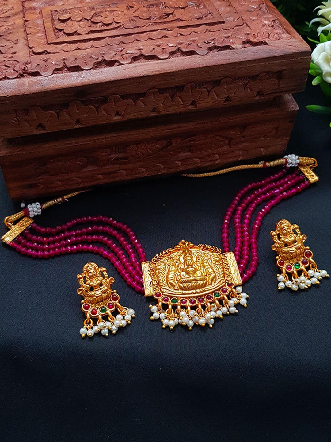 

GRIIHAM Gold-Plated Pink AD-Studded Choker Jewellery Set, Multi